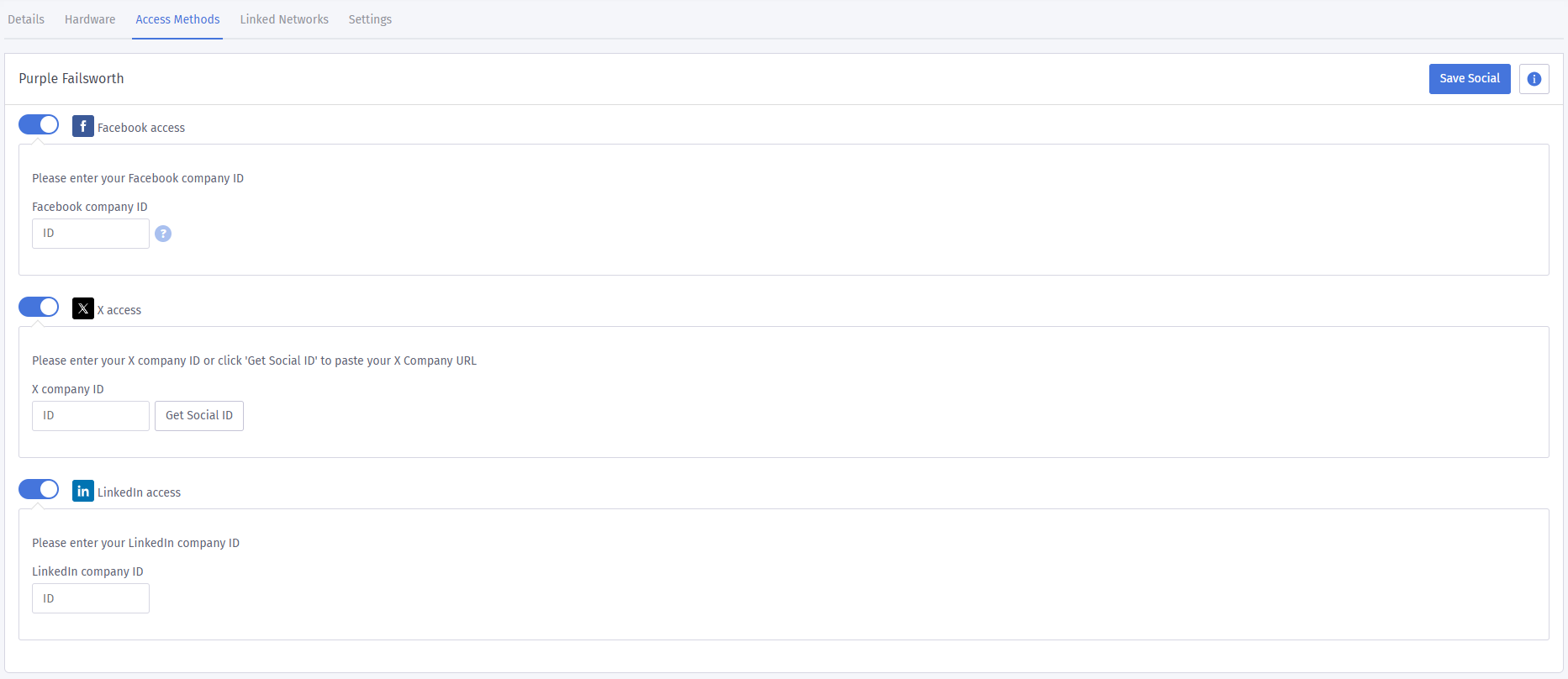 Screenshot of Access Methods including Facebook, X, and LinkedIn