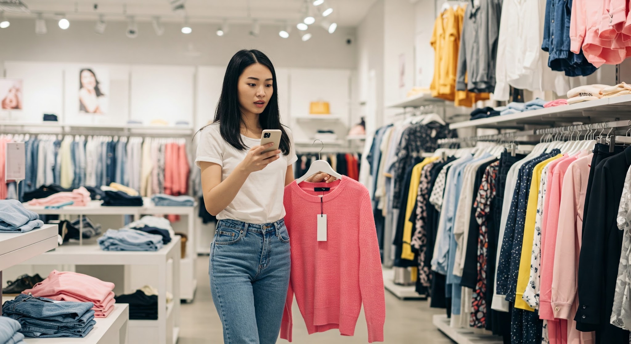 a photorealistic image of a person looking at their phone as they are walking around a clothes store. please have them holding an item of clothing with one hand as they are looking around